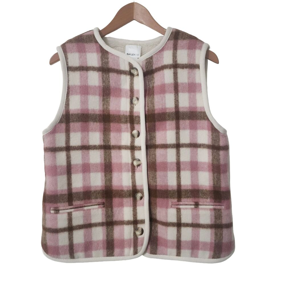 Bailey/44 Reversible Sherpa Vest Plaid Pink Brown White Button Up Women's S NWOT